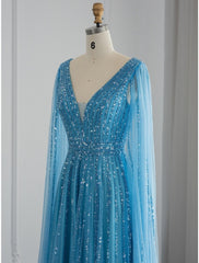 A-Line Evening Gown Sparkle & Shine Dress Formal Fall Sweep / Brush Train Long Sleeve V Neck Sequined with Glitter Pleats