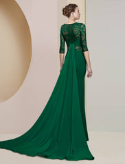 Aimishang  Sheath / Column Mother of the Bride Dress Formal Wedding Guest Elegant Scoop Neck Floor Length Chiffon Lace Half Sleeve with Appliques