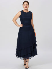 Aimishang  Sheath / Column Mother of the Bride Dress Formal Classic & Timeless Elegant & Luxurious Plus Size Jewel Neck Tea Length Chiffon 3/4 Length Sleeve yes with Pleats Tiered