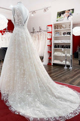 Elegant A-Line Lace Wedding Dress with Long Appliques Tulle Open Back