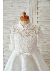 Elegant Ball Gown Long Sleeve High Neck Flower Girl Dress with Lace Tulle Bows and Sash Ribbon