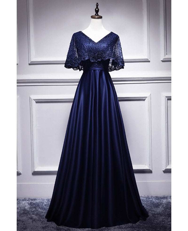 Elegant navy blue short sleeved beaded cape with satin lace navy blue V-neck backless and ground length evening dress