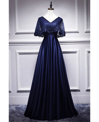Elegant navy blue short sleeved beaded cape with satin lace navy blue V-neck backless and ground length evening dress