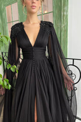Elegant Black Long A-line V-neck Tulle Front Slit Evening Prom Dress with Sleeves