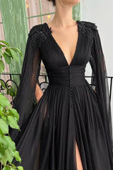 Elegant Black Long A-line V-neck Tulle Front Slit Evening Prom Dress with Sleeves