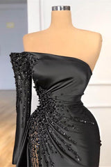 Elegant Black One Shoulder Crystal Long Sleeves Prom Dress