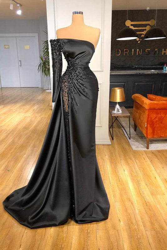 Elegant Black One Shoulder Crystal Long Sleeves Prom Dress