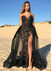 Elegant Black Sweetheart Tulle Appliques Side Slit Prom Dress