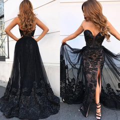 Elegant Black Sweetheart Tulle Appliques Side Slit Prom Dress