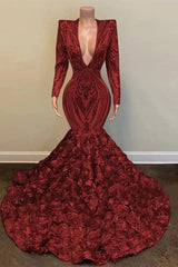 Elegant Burgundy Sequins Lace Prom Dress Long Sleeves Evening Gowns With Flowers Bottom
