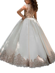 Elegant Cap Sleeve Jewel Neck Ball Gown Flower Girl Dresses with Lace Satin and Acrylic Appliques