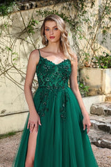 Elegant Dark Green A-Line Spaghetti Straps Prom Dresses with Split