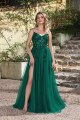 Elegant Dark Green A-Line Spaghetti Straps Prom Dresses with Split