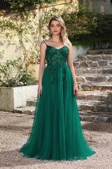 Elegant Dark Green A-Line Spaghetti Straps Prom Dresses with Split
