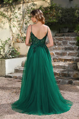 Elegant Dark Green A-Line Spaghetti Straps Prom Dresses with Split