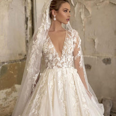 Elegant Deep V-neck Wedding Dress with Appliques, Lace, Ruffles, and Tulle