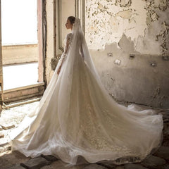 Elegant Deep V-neck Wedding Dress with Appliques, Lace, Ruffles, and Tulle