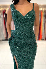 Elegant Emerald Mermaid Evening Dress with Sequins and Split