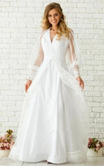 Elegant Floor-length Long Sleeve Chiffon A Line Zipper Wedding Dress with Ruching