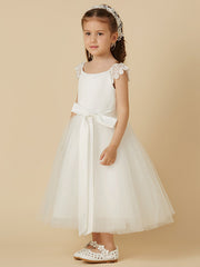 Elegant Flower Girl Dress - Short Sleeve Scoop Neck Lace Satin Tulle With Sash Ribbon Bow