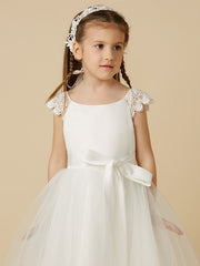 Elegant Flower Girl Dress - Short Sleeve Scoop Neck Lace Satin Tulle With Sash Ribbon Bow