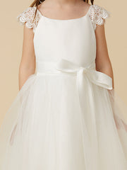 Elegant Flower Girl Dress - Short Sleeve Scoop Neck Lace Satin Tulle With Sash Ribbon Bow