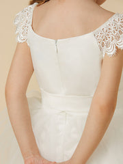 Elegant Flower Girl Dress - Short Sleeve Scoop Neck Lace Satin Tulle With Sash Ribbon Bow