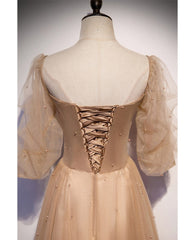 Elegant and noble champagne short sleeved tulle beaded ball dress with champagne backless straps and floor length evening dress