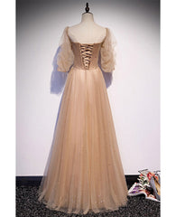 Elegant and noble champagne short sleeved tulle beaded ball dress with champagne backless straps and floor length evening dress