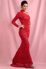 Elegant High-Neck Sequins Prom Dress Mermaid Long Sleeve Evening Gowns