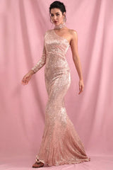 Elegant High-Neck Sequins Prom Dress Mermaid Long Sleeve Evening Gowns