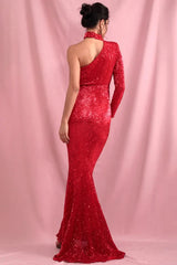 Elegant High-Neck Sequins Prom Dress Mermaid Long Sleeve Evening Gowns