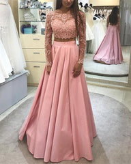 Elegant Lace Long Sleeves Ball Gowns Prom Dresses Two Piece