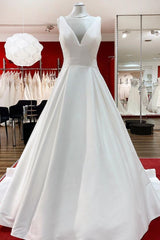 Elegant Long A-line V-Neck Satin Wedding Dress With Ruffles and Open Back