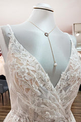 Elegant Long A-line V Neck Sleeveless Backless Wedding Dress with Ruffles