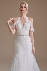 Elegant Long Mermaid Halter Tulle Floor-Length Wedding Dress with Appliques Lace
