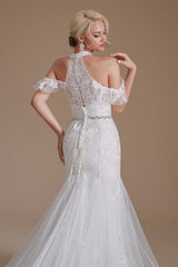 Elegant Long Mermaid Halter Tulle Floor-Length Wedding Dress with Appliques Lace