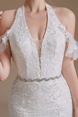 Elegant Long Mermaid Halter Tulle Floor-Length Wedding Dress with Appliques Lace