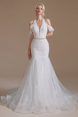 Elegant Long Mermaid Halter Tulle Floor-Length Wedding Dress with Appliques Lace