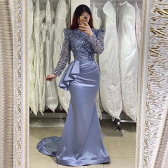 Elegant Long Sleeve Ruffles Crystal Sheath Blue Prom Dress