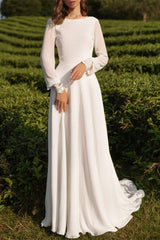 Elegant Long Sleeves Tulle Bateau Boho Wedding Dress A Line Open Back