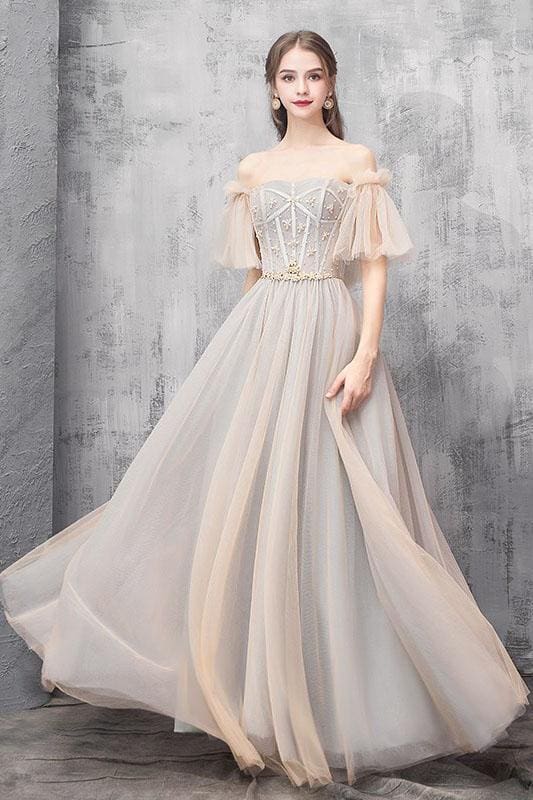 Elegant Off Shoulder Floor Length Tulle Prom Dress Bridesmaid Dresses