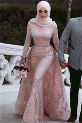 Elegant Pink Long Sleeves Lace Mermaid Prom Dress with Detachable Overskirt