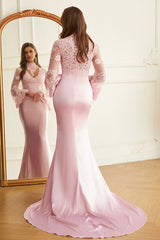 Elegant Pink V-Neck Lace Long Sleeves Sheath Prom Dress