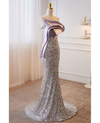 Sparkling lavender color sleeveless off shoulder sequin evening dress with lavender color mermaid backless strap and floor length evening dress