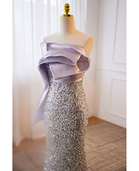 Sparkling lavender color sleeveless off shoulder sequin evening dress with lavender color mermaid backless strap and floor length evening dress