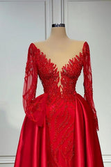 Elegant Red Long Sleeve Lace Pearls V-Neck Prom Dress with Overskirt