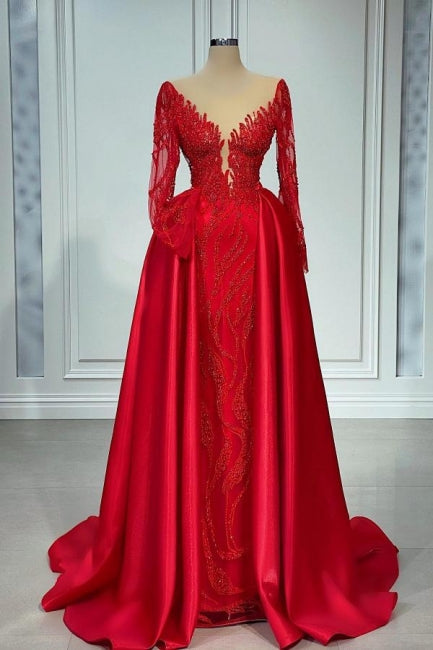 Elegant Red Long Sleeve Lace Pearls V-Neck Prom Dress with Overskirt