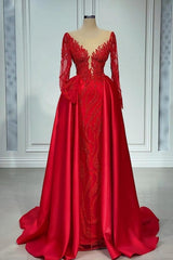 Elegant Red Long Sleeve Lace Pearls V-Neck Prom Dress with Overskirt