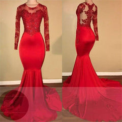 Elegant Red Long Sleeves Appliques Mermaid Jewel Prom Dress